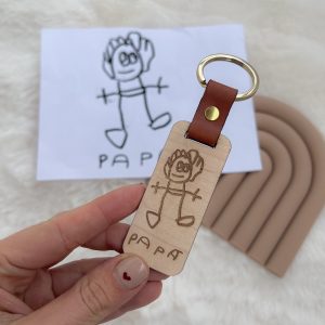 LLavero personalizado dibujo (madera y cuero)